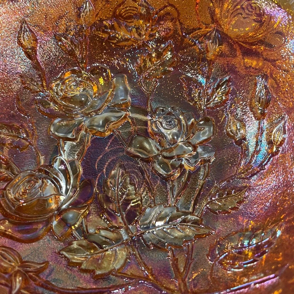 Vtg Imperial Glass Marigold Carnival Rose Floral Pattern Scalloped Edge 10